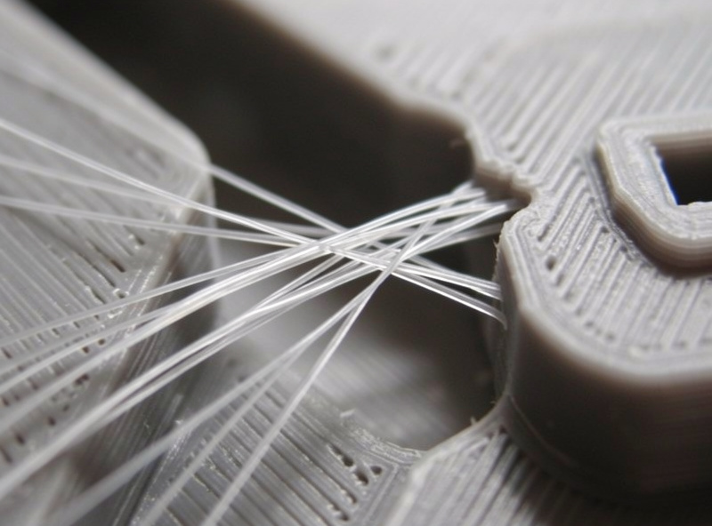 Fine plastic string wisps spanning a gap between features on a gray 3D printed part