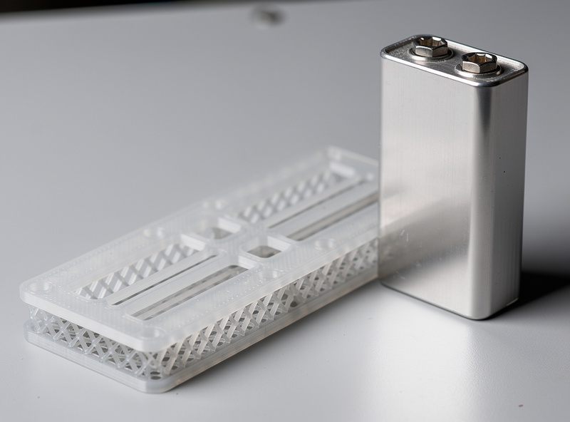 Close-up of 3D-printed PETG cell compression plate with ventilation channels next to an aluminum LiFePO4 cell