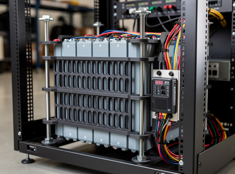 Complete 16S LiFePO4 battery pack with 3D-printed PETG holders between cells and BMS bracket