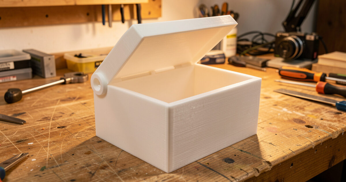 A 3D printed box with an integrated living hinge lid bent open