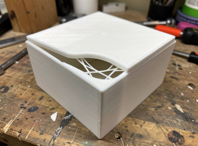 A 3D printed box with an integrated living hinge lid bent open