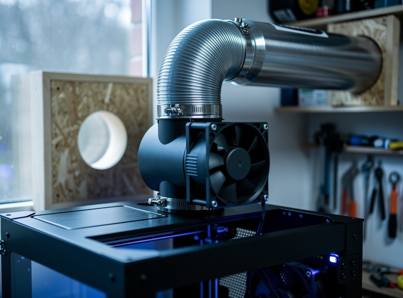 Inline duct fan and carbon filter venting a 3D printer enclosure to a window