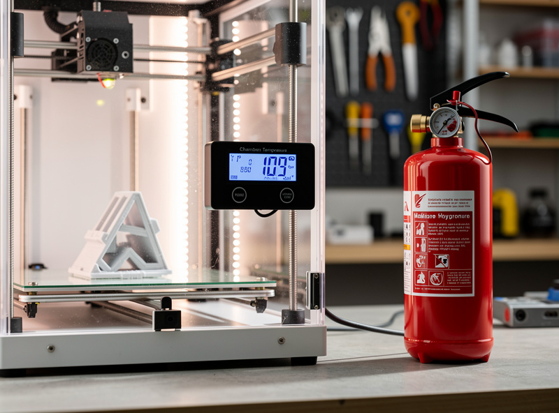 Digital thermometer inside a 3D printer enclosure with a Class-C fire extinguisher beside the printer