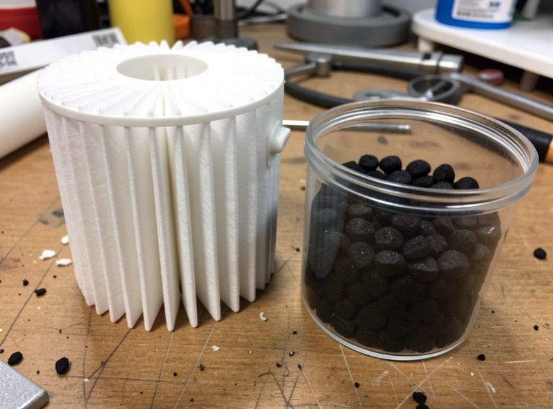 Air purifier with a visible HEPA filter and a bed of activated carbon pellets beside a 3D printer