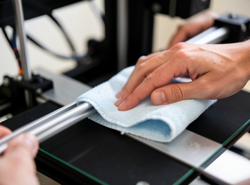 Hands wiping down a 3D printer linear rail with a cloth during routine maintenance