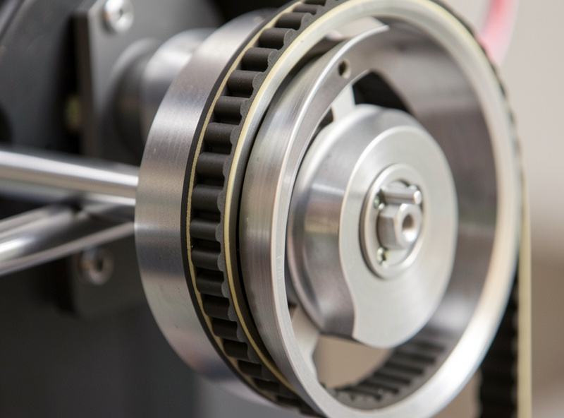 Close-up of a 3D printer belt and pulley with a tension gauge during a tuning check