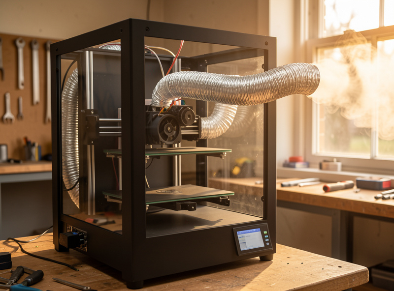 Enclosed FDM 3D printer with a ducted exhaust hose venting fumes out a workshop window
