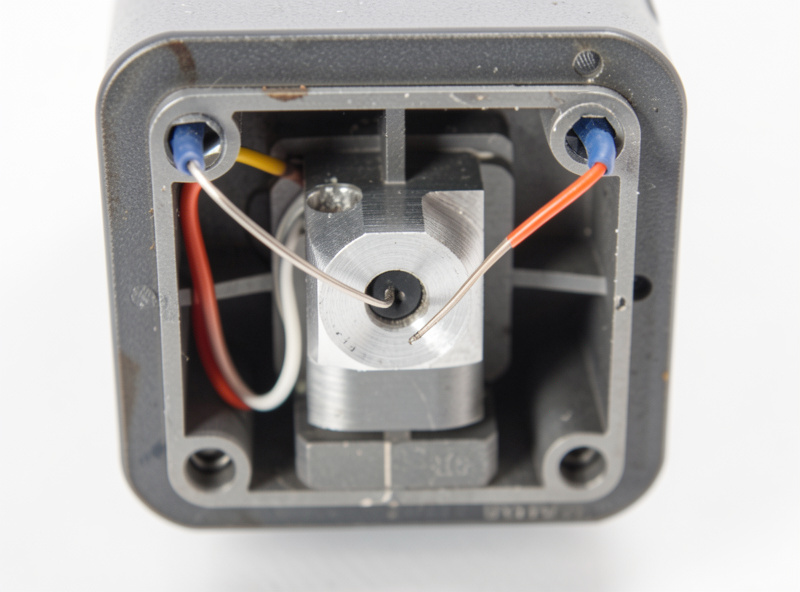 Interior of a 3D printer control box showing a heater wire connector and thermistor wiring
