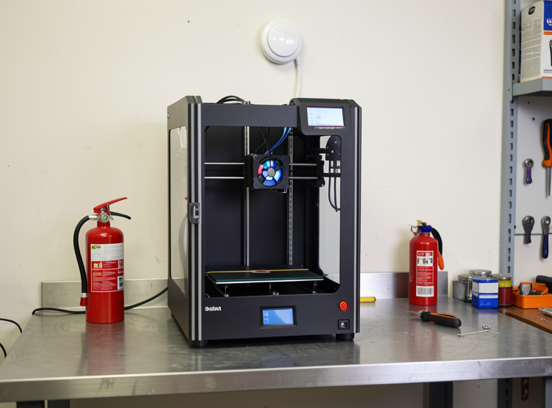 3D printer on a metal workbench beside a small fire extinguisher and a smoke alarm on the wall above