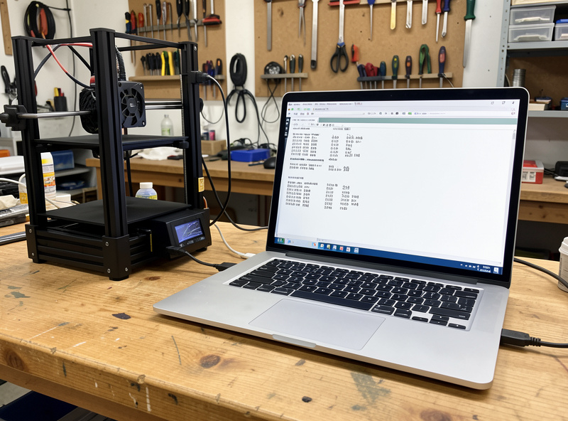 3D printer connected to a laptop showing a firmware terminal for checking thermal settings