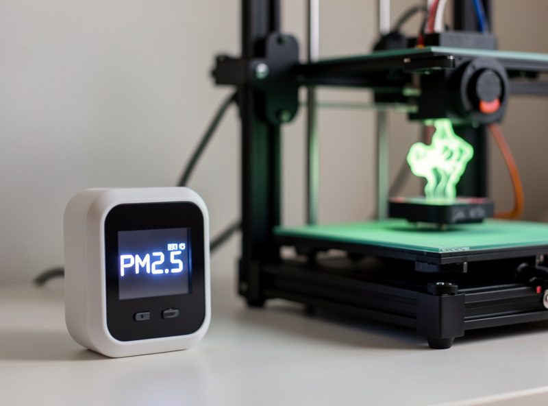 Air quality monitor displaying a PM2.5 reading next to an operating FDM 3D printer