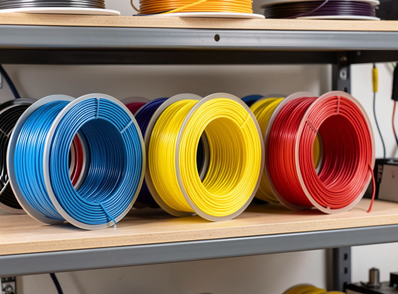 Spools of PLA, PETG and ABS filament arranged on a workshop shelf