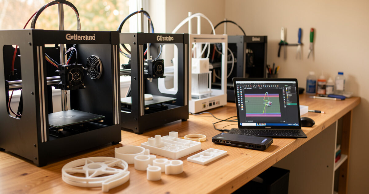 Home workshop bench with several desktop 3D printers running and finished functional printed parts