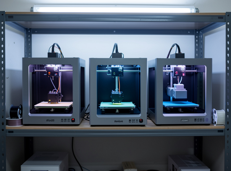 Three desktop 3D printers running on a shelf in a small home print farm