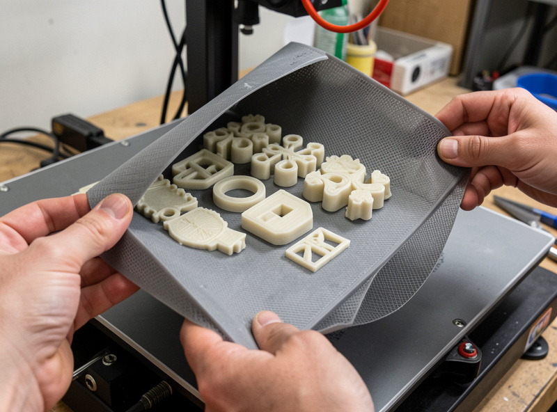 Flexing a build plate to release a finished batch of 3D-printed parts