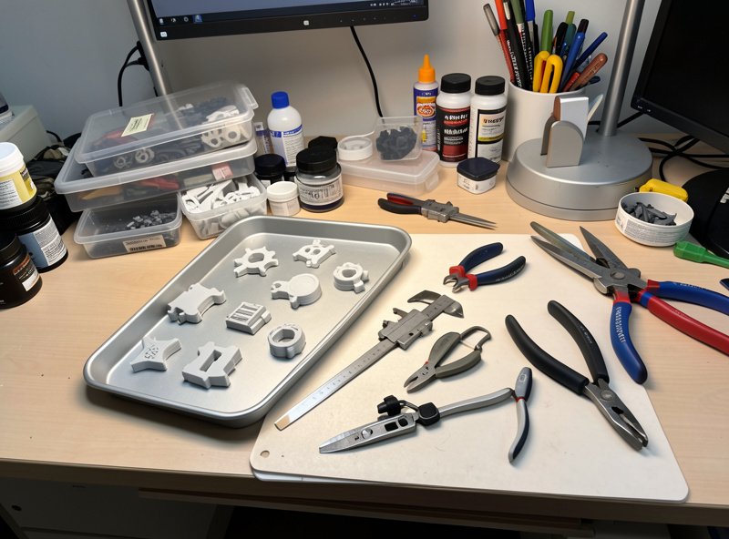 A post-processing station with finished parts, calipers and cutters for quality control
