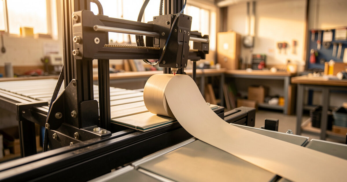 Belt 3D printer printing a long part on its conveyor
