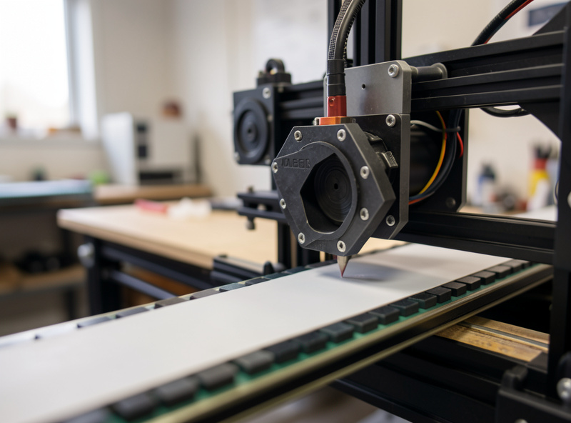 Belt 3D printer with an angled toolhead printing a long part rolling off the conveyor