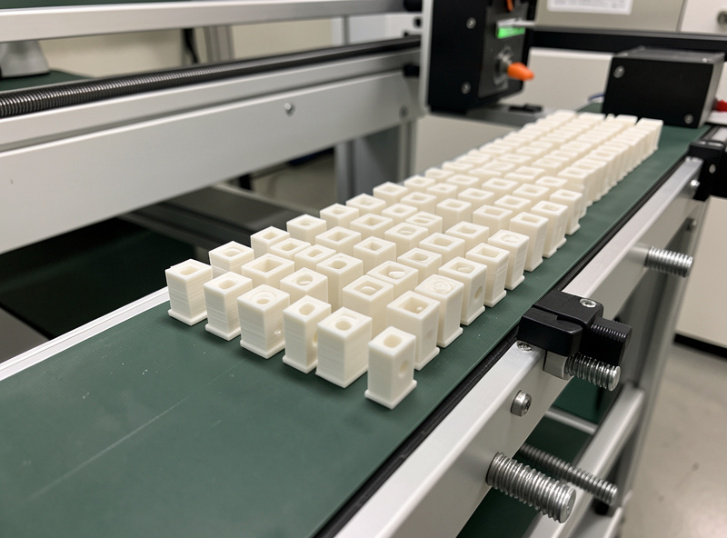 Row of identical small parts printed on a belt printer queued along the conveyor