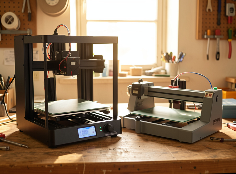Standard flat-bed 3D printer next to a belt printer on a workshop bench