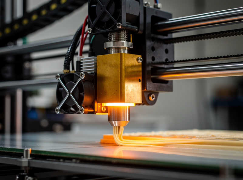A high-flow 3D printer hotend printing at high speed with a glowing heater block