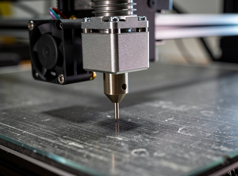 Auto bed leveling probe mounted next to a 3D printer hotend over a textured PEI build plate
