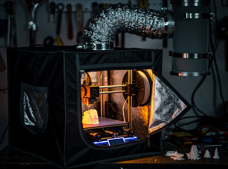 DIY 3D printer enclosure built from a grow tent with exhaust duct and carbon filter