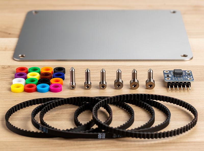 Flat lay of 3D printer upgrade parts including hardened nozzles, silicone bed spacers, accelerometer board and spring steel plate