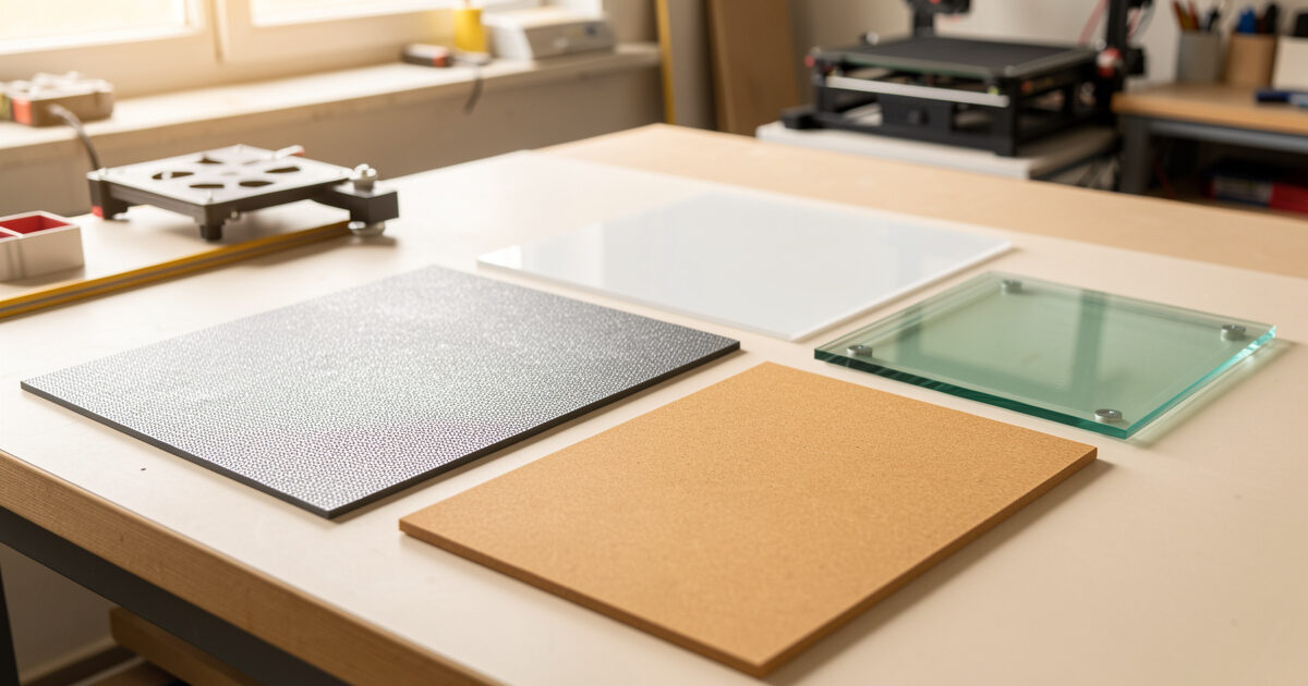 Several 3D printer build plates laid out on a workshop bench — textured PEI, smooth PEI, garolite, and glass
