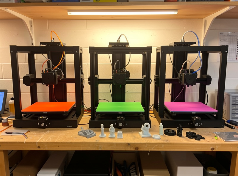 Three FDM 3D printers running side by side in a home workshop, each with a different build plate loaded