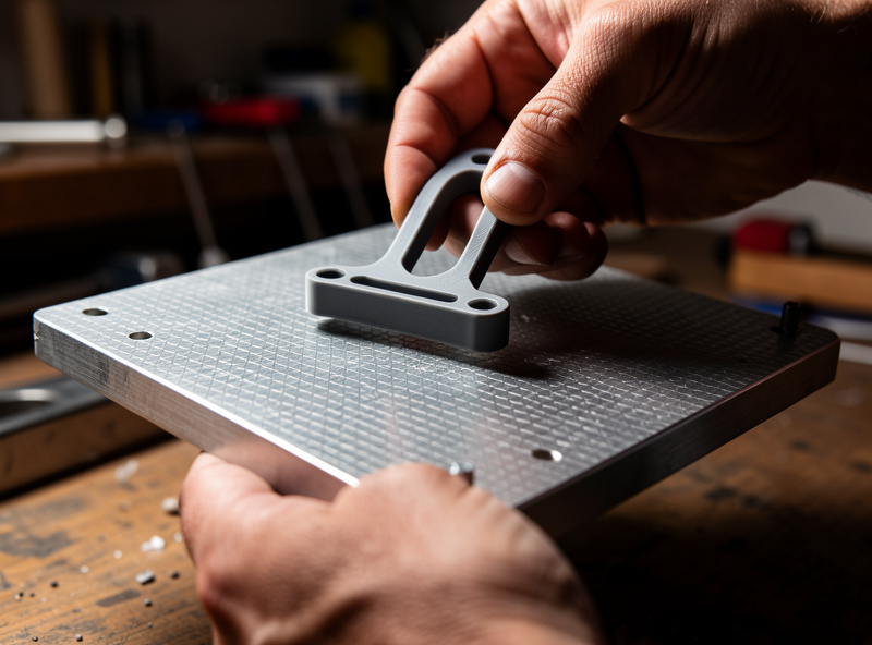 A maker flexing a magnetic spring steel sheet to pop a finished functional print free of the build plate