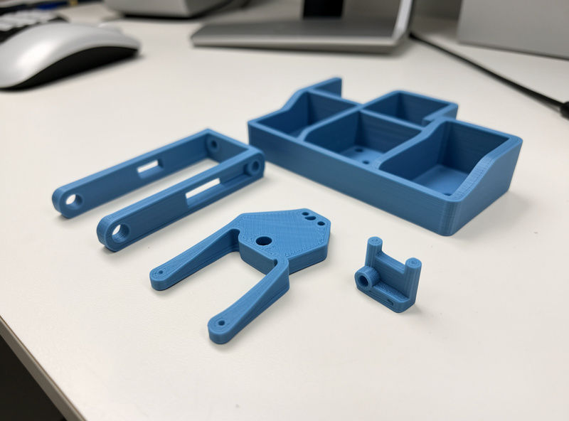 Original hand-designed 3D-printed functional parts with no branding on a desk