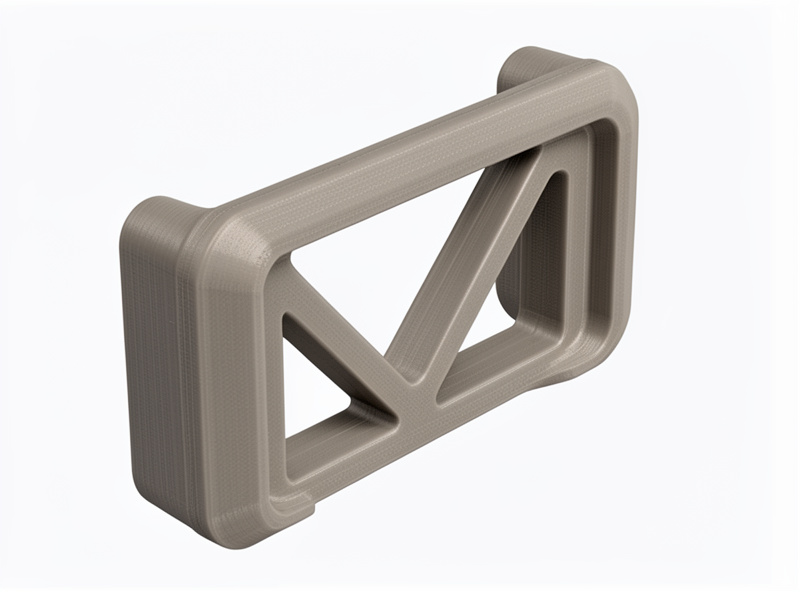 A CAD model of a 3D printed bracket with filleted corners and reinforcing ribs