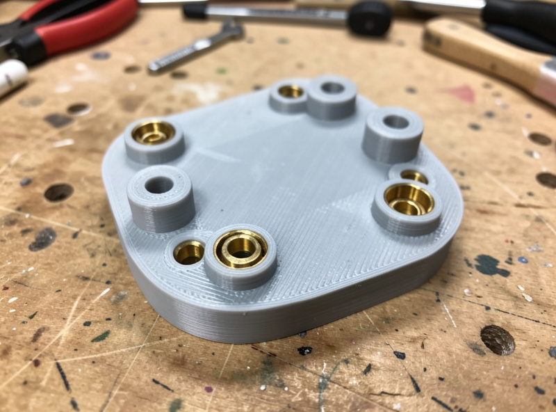 A 3D printed part with reinforced bosses around holes for brass heat-set inserts