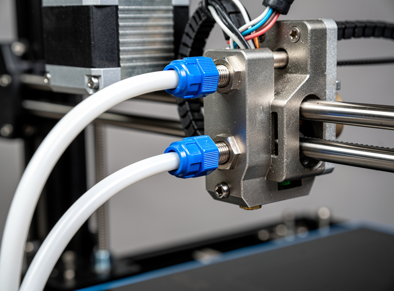 Bowden tube PTFE setup routed from a frame-mounted extruder motor to the hotend