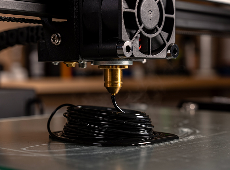 3D printer extruding flexible TPU filament into a small flexible part
