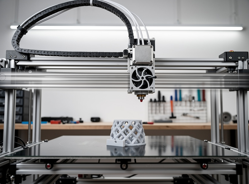 A CoreXY 3D printer toolhead moving fast across the gantry mid-print