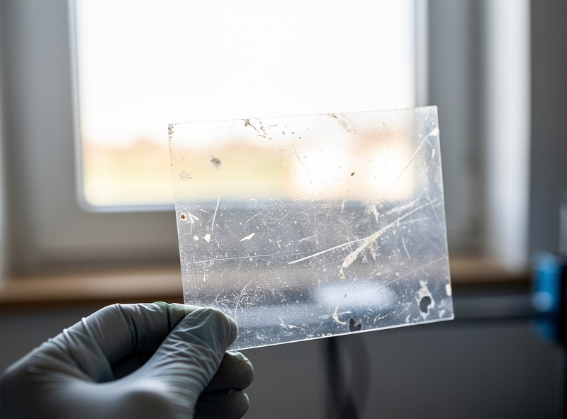 A clouded and scratched FEP film in a resin printer vat being inspected against the light