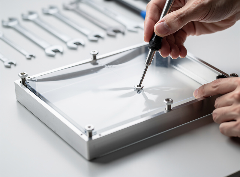 Hands tightening the frame screws on a resin vat after fitting fresh FEP film