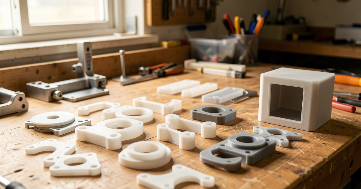 Functional 3D printed parts in PETG and ASA arranged on a workshop bench