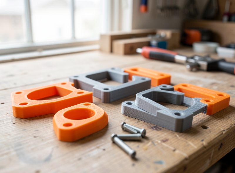 Functional 3D printed brackets and fixtures laid out on a workshop bench