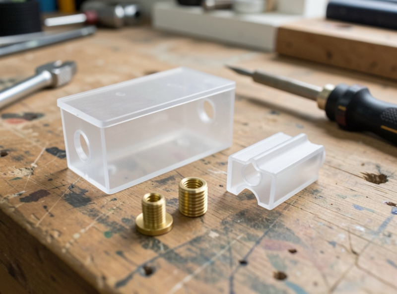 Brass heat-set inserts and a snap-fit enclosure printed in PETG on a workshop bench