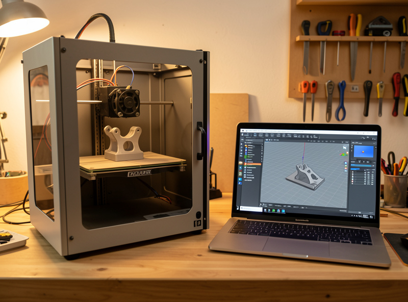 A 3D printer producing a functional bracket with a slicer preview shown nearby