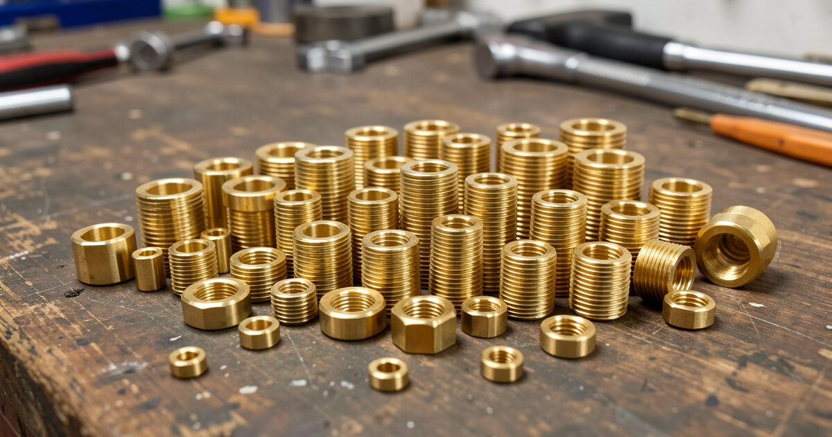 Assortment of brass heat-set threaded inserts on a workshop bench