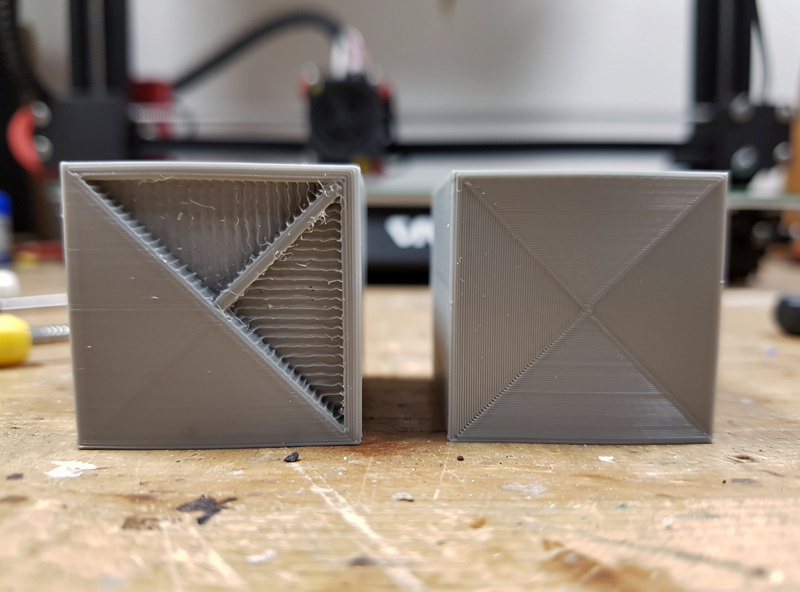 Two 3D printed corner test objects compared, one with ringing and one with crisp corners