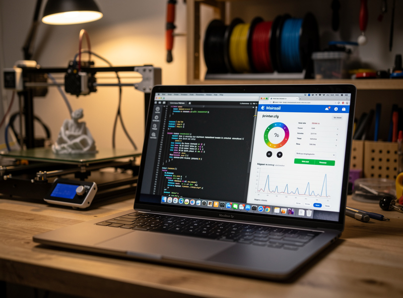 A Klipper printer.cfg config file open beside a Mainsail web dashboard