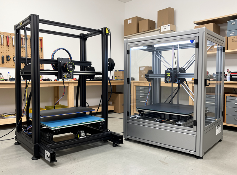 Two large format 3D printers side by side, a bedslinger and an enclosed CoreXY, in a workshop