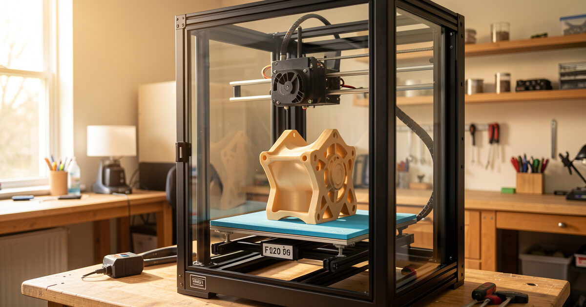 Large format FDM 3D printer printing a big functional part in an enclosed chamber