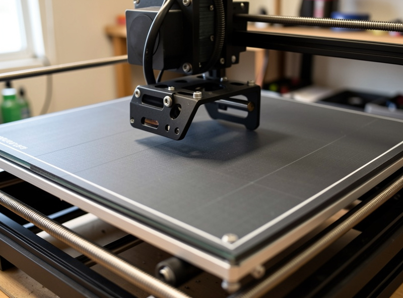 Large format FDM printer with a 400mm heated bed mid-print on a functional bracket