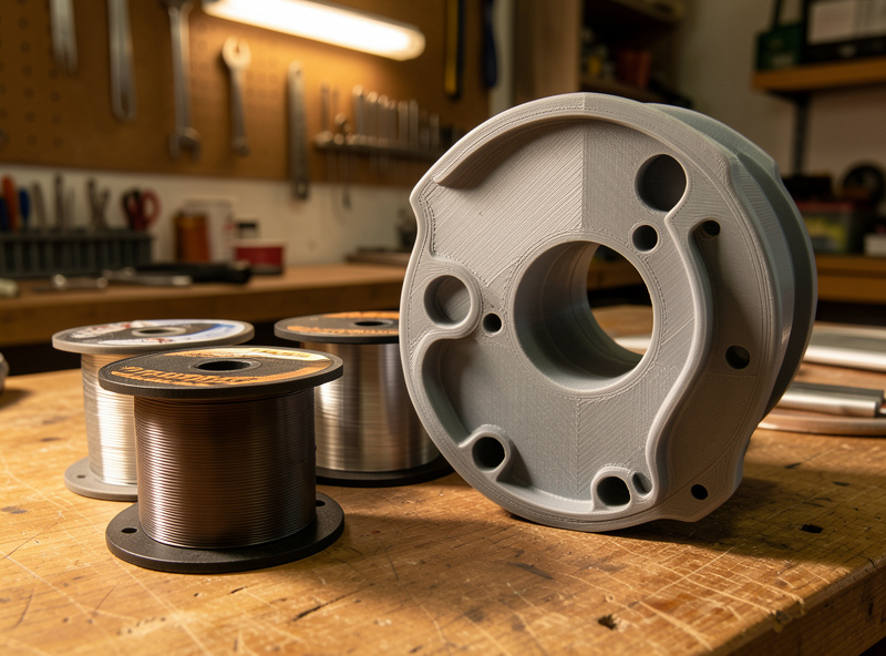 Spools of engineering filament and a large 3D printed functional part on a workshop bench